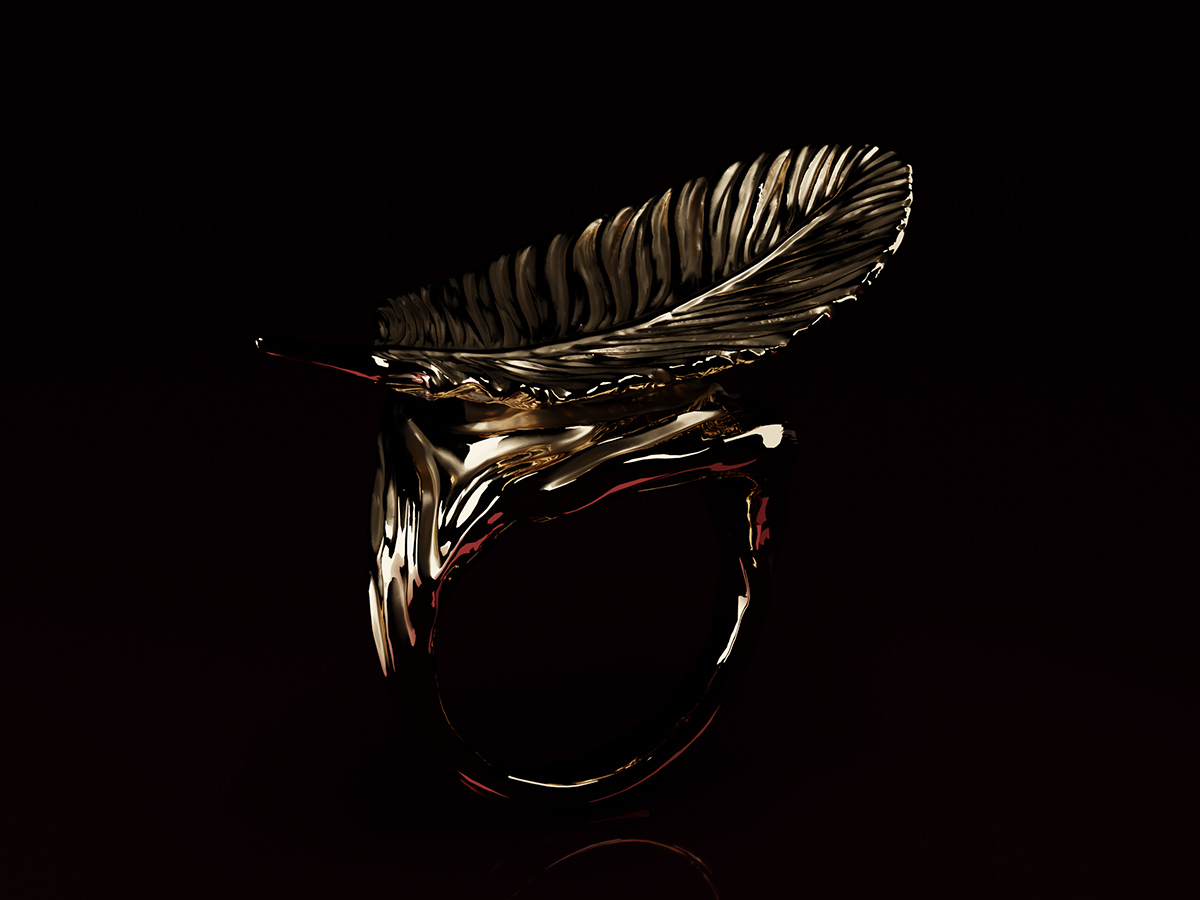 Rings with a Feather. Jewelry design and 3D Rendering. Sculpted jewellery.